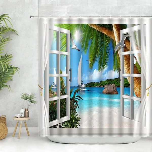 Душевые занавески 3D окно видовой занавес пляж Кокосовый ландшафт