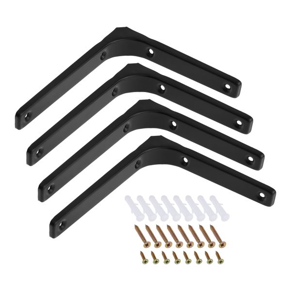 Suportes de prateleira de 4 ou 8pcs 200 mm/150mm preto de 90 graus em forma de metal em forma de L Support de serviço pesado de 6/8 polegadas montado na parede