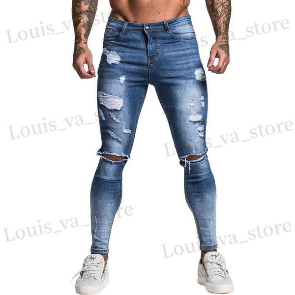 Jeans masculinos gingtto jeans skinny homens slim fit rasgado jeans masculinos grandes e altos jeans azuis de azul para homens cintura elástica angustiada ZM39 T240411