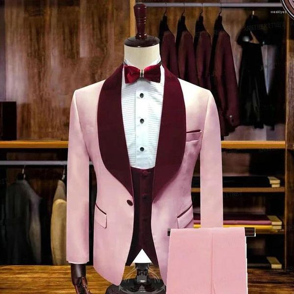 Abiti da uomo in forma slim rosa con lampo di velluto bordeaude 3 pezzi da sposa formale da sposa formale per cena ballo maschile maschile blazer