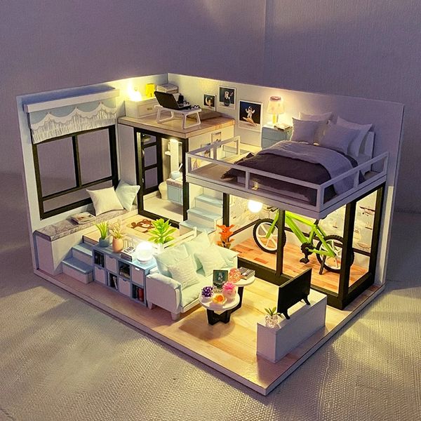 DIY Holz Casa Puppenhäuser Miniaturgebäude Kits mit Möbeln Licht moderne Loft Dollhouse Spielzeug für Erwachsene Geburtstagsgeschenke