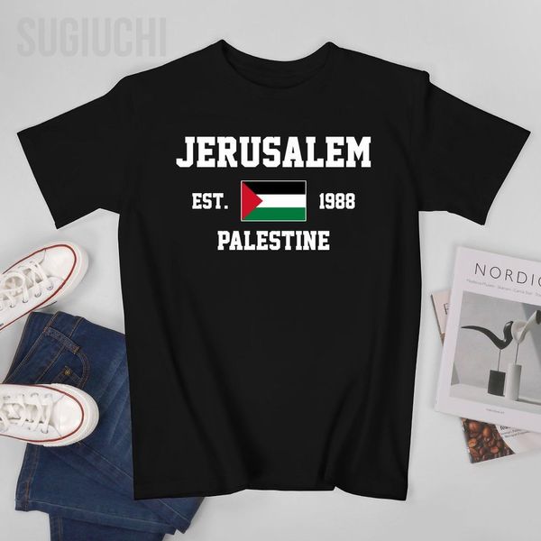 Bandeira patriótica Palestina Est.1988 Jerusalém Homem Thirt Tees T-shirt O-pescoço T Camisetas femininas Meninas Roupas 100% algodão