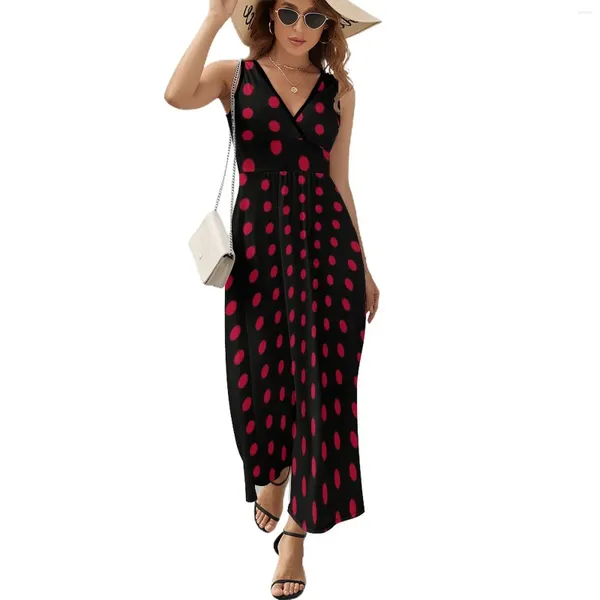 Kırmızı Polka Dot Elbise ile Sıradan Elbiseler Siyah 70'ler Vintage Seksi Maxi Street Moda Plajı Uzun Grafik Büyük Boyut Vestidos