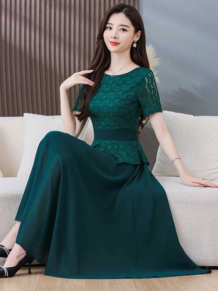 Abiti casual di base 2024 in pizzo estivo Chiffon Green Long Womens Dress Black Casual Waist Elegant Beach Ningti Ode Midi Abito Midi C240411