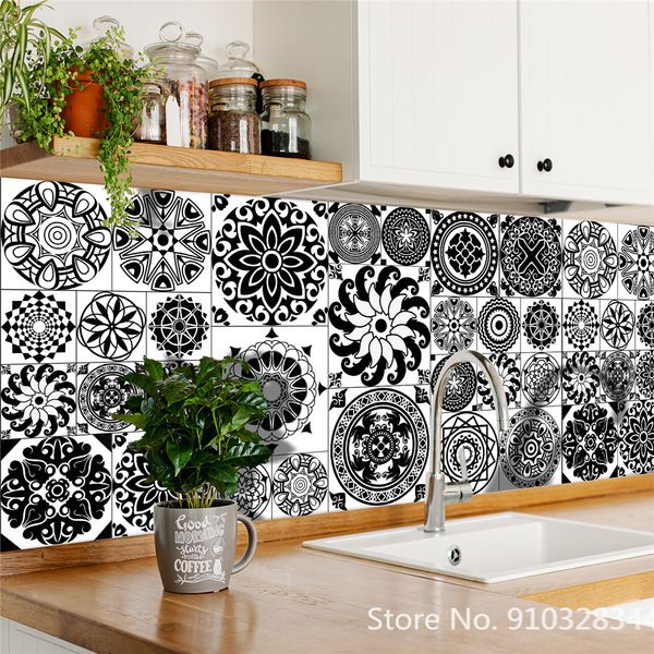 Adesivos de parede de padrão de cor de cor branca preta Branca Autadensas Autadensivo Backsplash de cozinha mural