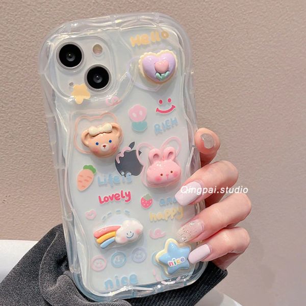 Корейские 3D мультфильмы Bear Star Silicone Clear Clear Soft Phone Case для iPhone 11 13 12 14 Pro Max X S XR 7 8 Plus SE милая обложка