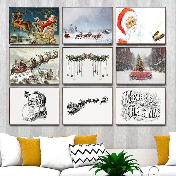 Wandkunst Santa Claus und Schlittenhirschplakat Leinwand Druckbild Nordisches Wohnzimmer Weihnachten Home Cuadros Dekoration