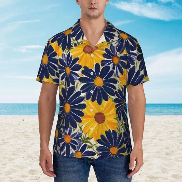 Camisas casuais masculinas estampas florais de impressão havaiana Men, praia azul e amarelo manga curta, estilo Diy Cool de grandes dimensões