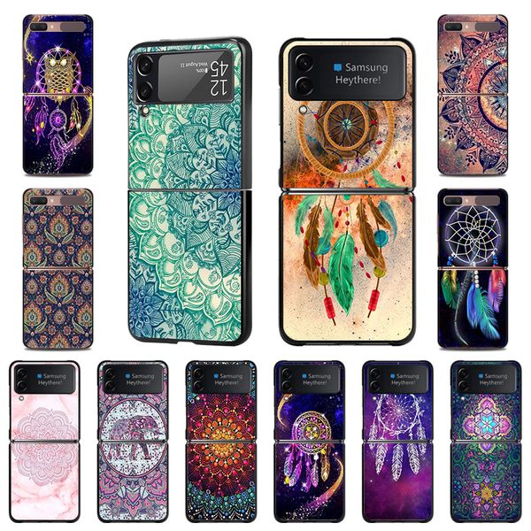 Capa de telefone para Samsung Z Flip 4 3 5G Dreamcatcher Mandala Matte Black Hard Case para Galaxy Z Flip4 Flip3 Cover de concha fundamental Coque