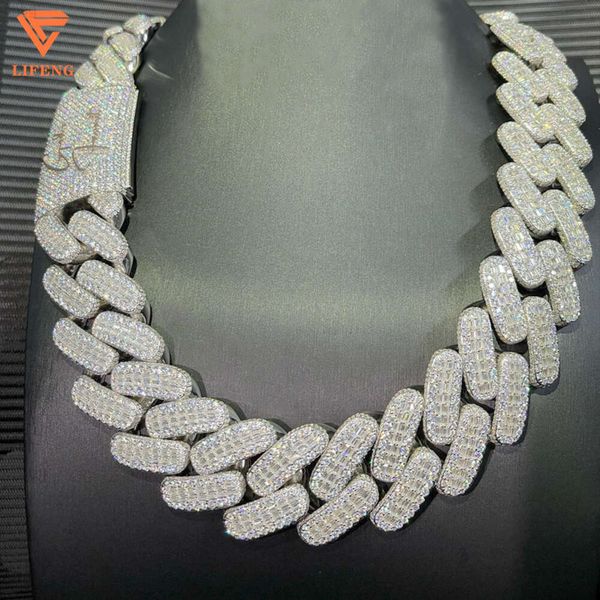 2024 Lifeng Schmuck 30 mm Breite VVS Moissanit Linkkette Baguette Diamond 925 Sterling Silber Kubanische Weißgold Halskette Custom Kette