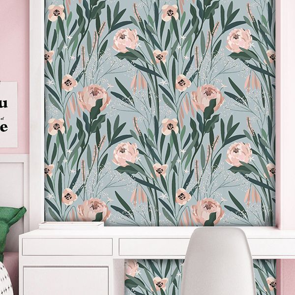 Papel de parede floral vermelho descascado e colado rosa e folha verde vinil vinil floral adesivo auto-adesivo paredes de quarto decoração caseira decoração