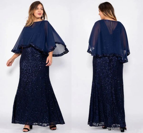 Navy Blue Plus size Abiti di madre della sposa con sciano in chiffon lungo abito da sera lunghi abiti da ballo al ginocchio