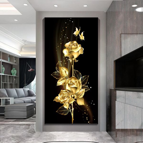 Foglie d'oro astratte Golden Rose Butterfly Flower Olio dipinto su poster di tela Stamppetta da parete Art Picture per decorazioni per soggiorno