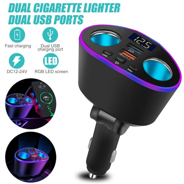 Novo Bluetooth 5.0 QC3.0 Dual Charger USB 2 Way Cigarette Cigarte Socket Splitter Splitter Power Adapter Música tocando U Suporte ao disco