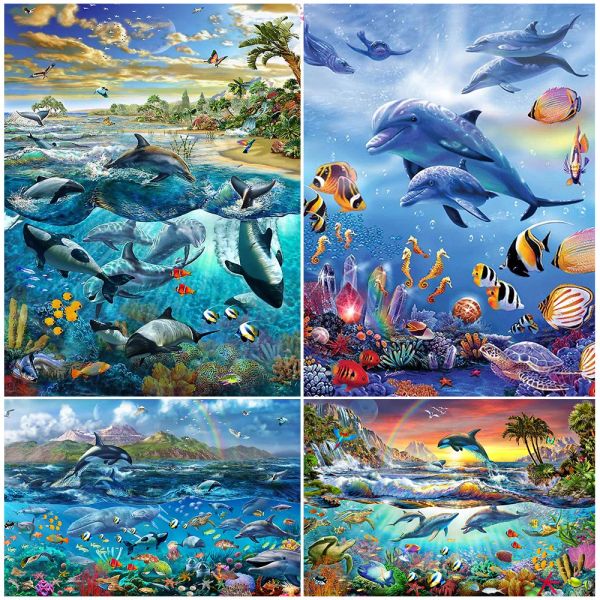 Животное 5D DIY Diamond Painting Dolphin и Fish Cross Stitch Kit Horse Underwater Landscape Mosaic Pixel Art Picture Home Decor