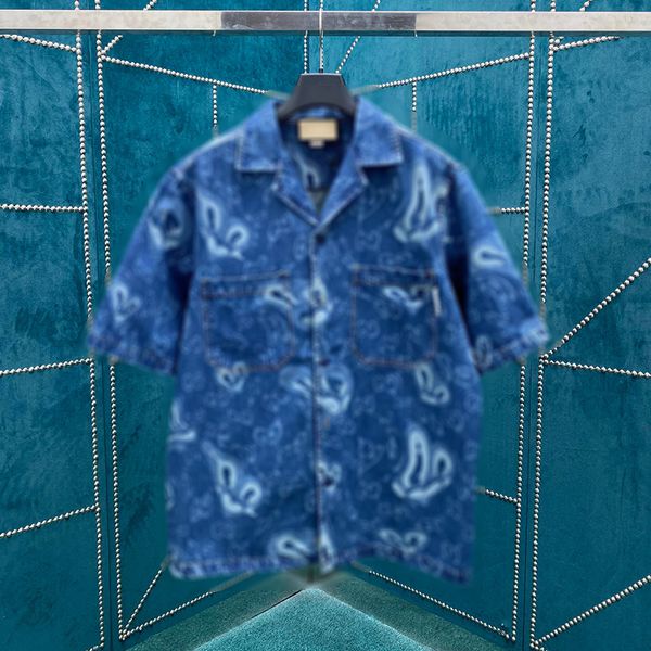 Italia Elegante designer sciolto AllOver Art Paint Stampa Shirt a maniche corte in denim camicia casual autunno inverno uomini vintage lavati per strada in lavatrice per jeans 24ss 0411