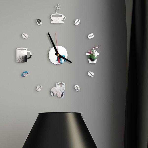 3D Acrílico Coffee Cup espelho Relógio DIY Espelho criativo Relógio Adesivos de parede para casa Casa Decoração de parede de fundo