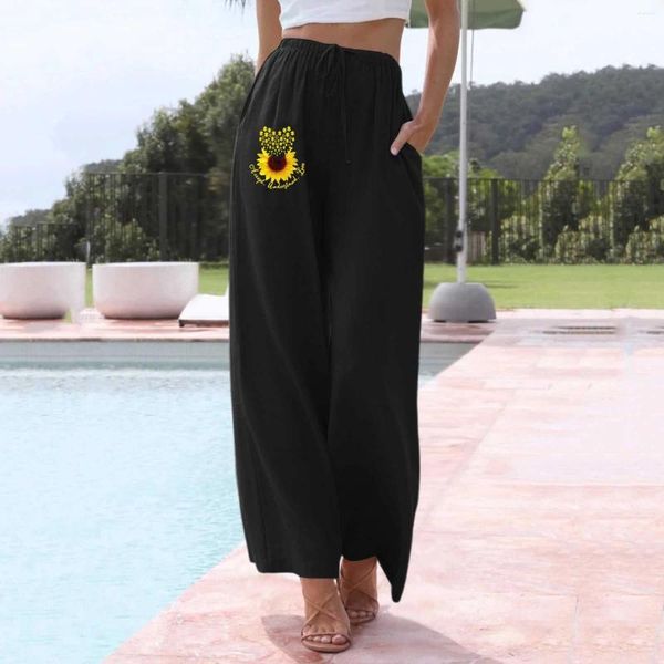Pantaloni da donna moda girasole stampare cinturino in alto cinturino elastico gamba larga casual donna di grandi dimensioni della spiaggia 14