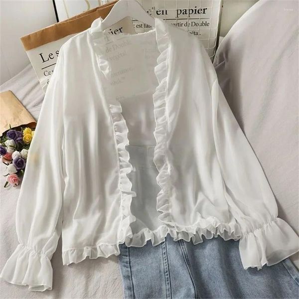 Magliette da donna a manica lunga frontale aperta a scialle scrollata di spalle 2024 camicette di cardigan da sposa tops bianco chiffon nero camicia femminile femminile