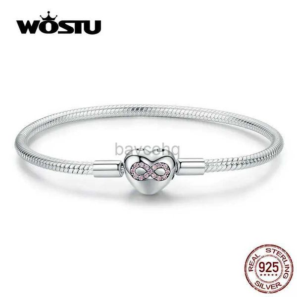 Bangle Wostu Heart Infinity 100% 925 Sterling Silver Pink Zircon Bracelets Braça para mulheres Jóias de moda CQB142 240411