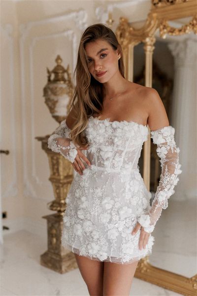 Новое короткое свадебное платье 2024 г. Цветочная кружевная вышивка без бретелек
