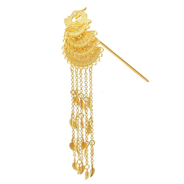 Gold Color Long Chain Leaf Tassel Hairpin para mulheres pavão tradição chinesa Metal Metal Stick vintage Ethnic Hair Hair Jewelry