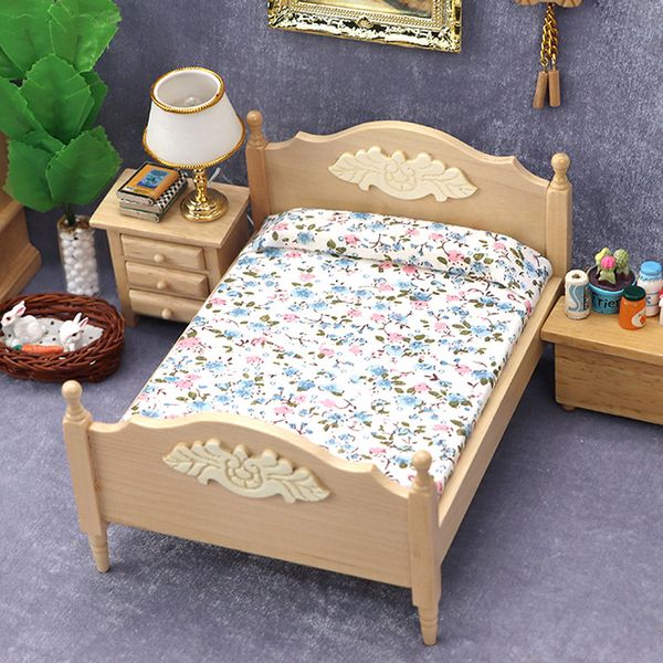 1/12 Dollhouse Metall/Holz Mini Single/Doppelbett Schlafzimmer Möbel Spielzeug Wohnzimmer Möbelmodell handgefertigtes Spielzeug