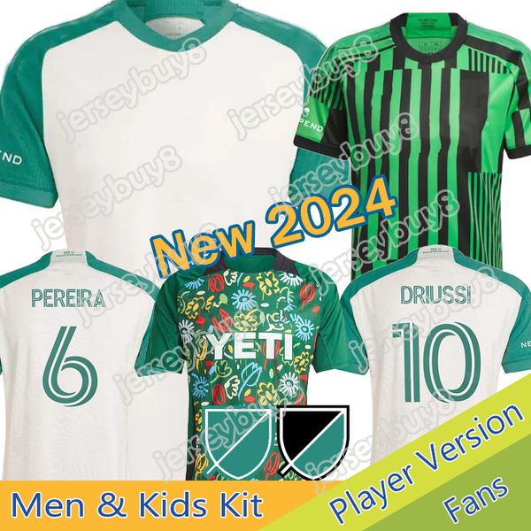 2023 2024 Austin FC Futbol Jersey Çocuk Kiti Man Major League 23/24 Futbol Gömlek Birincil Ev Yeşil Las Voes Uzak Dünya Günü Armadillo Driussi Rigoni Yüzük Ön Maça