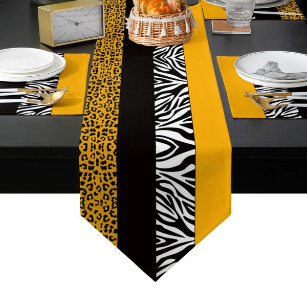 Moderne elegante gelbe Leoparden Zebra Streifen Tisch Runner Placemat Set Tischdecke Esstisch Matte Home Hochzeitstisch Dekoration