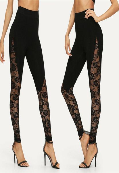 2019 Trend Fashion Women's Ladies Floral Lace Side Pannello Taglia i leggings neri Summer Skinny Sexy Long Long Ps Size S-XXL4599282