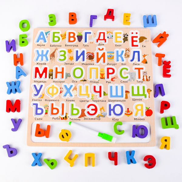 Russische hölzerne Alphabet Puzzle Briefe Handschrift Praxis Board Blöcke Montessori Matching Game Early Educational Learning Toy