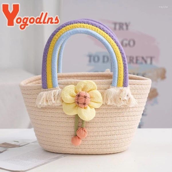 Sacchetti da sera sacca di paglia arcobaleno per donna corda di cotone intrecciata intrecciata intrecciata intrecciata fatta per le vacanze in spiaggia shopping tote