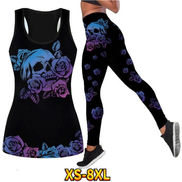 Pontas de ioga de corrida Mulheres de coletes de coletor de caça casual com leggings com um padrão de crânio de impressão em negrito XS-8XL