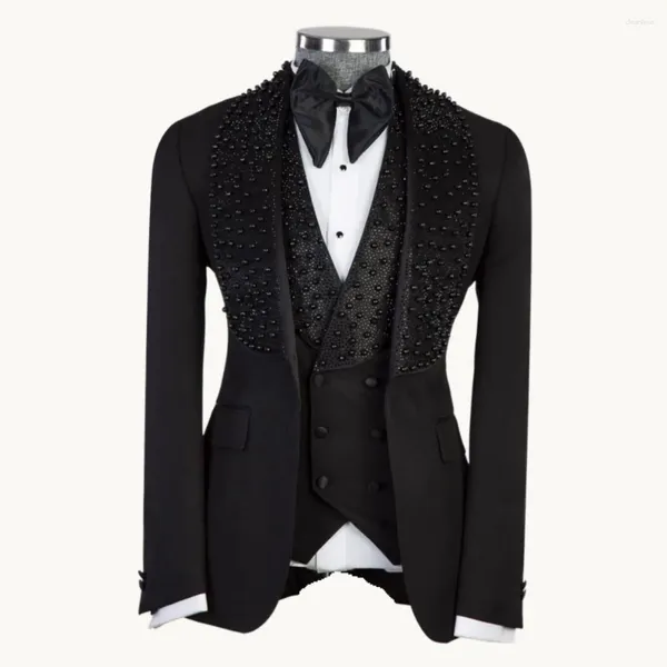 Herrenanzüge schwarzer Luxus -Perlen -Bräutigam -Hochzeits -Smoking -Anzug männlicher Prom Blazer maßgeschneiderte Kleidung