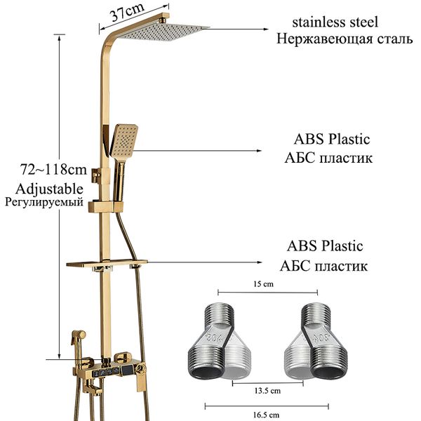 Goldene thermostatische Duscharmaturen -Set Bad Wasserhähne mit digitaler Anzeige Regen Dusche Säule Badewanne Tippmixer Kran Schwarz