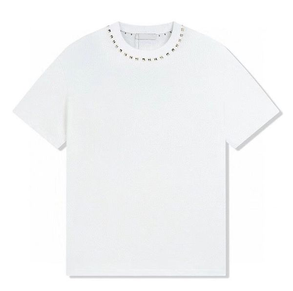 Camiseta masculina 2024 Designer novo feminino verão Retro retro decote de cor sólida Decoração de rebite de mangas curtas Camiseta de algodão sedosa Camiseta casual M-xxxl