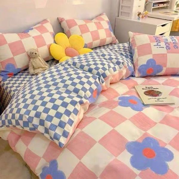 Set di biancheria da letto kawaii per bambini foglio piatto da piumino cuscino di copertura a doppio letto a doppio letto a grandezza naturale ciliegia floreale tessile