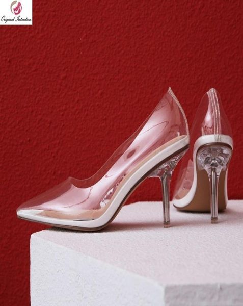 Orijinal Niyet Kim Kardashian Cam Topuklu Pompalar Şeffaf Gelinlik Ayakkabıları Kadın Evlilik Büyük Boyut 43 LJ2009289675317