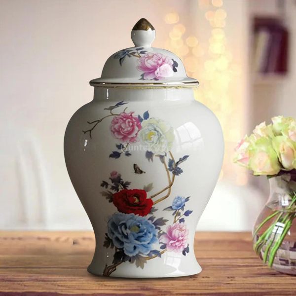Керамическая банка имбирного имбиря в китайском стиле Красивая сушеные цветочные вазы глазированный азиатский декор китайский синий белый ваза центральная банка храма