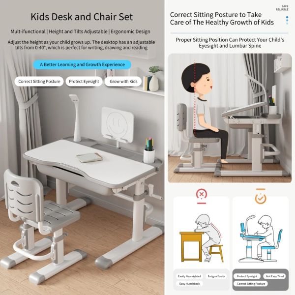 Kids Study Desk und Stuhl Set Height einstellbar, Kinder in der Schule Schreiben funktionaler Studientisch mit Schubladen Lampenbuchstand