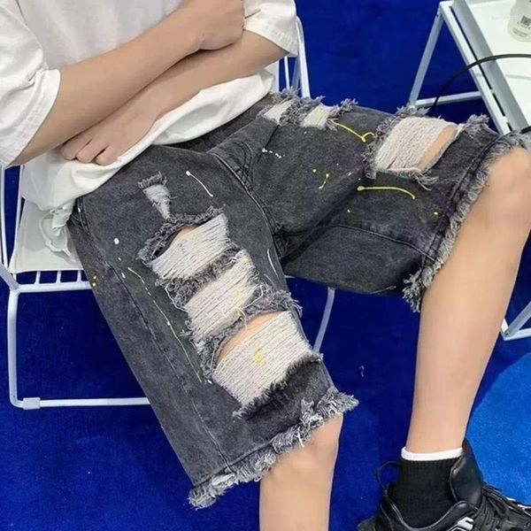 Jeans masculinos shorts de jeans com atirador de cordão tamel embelezado em cinto elástico de verão para um