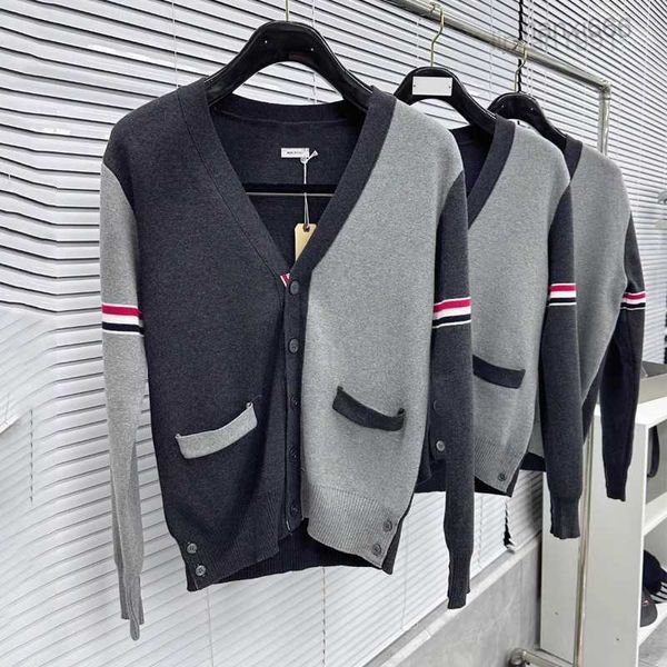 Taobao TB Grey Block Color Cardigan Cardigan Knitwear Coppia V-Neck