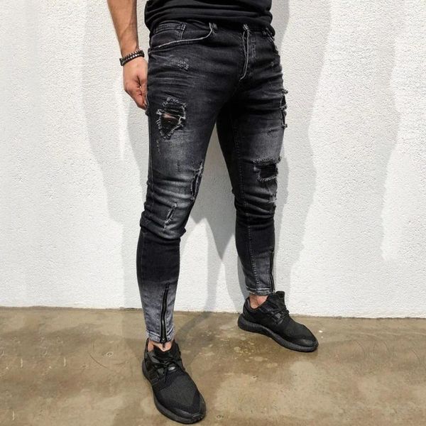 Jeans masculinos masculino elástico rasgado aperto destruído buraco slim fit jeants jeans de alta qualidade Hip Hop calças magras