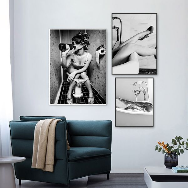 Schwarz -weiße sexy Frau Drucke Poster entspannen Zitat Bar Wildtoilette Raucher Mädchen Leinwand Gemälde Wohnzimmer Nordisches Bild