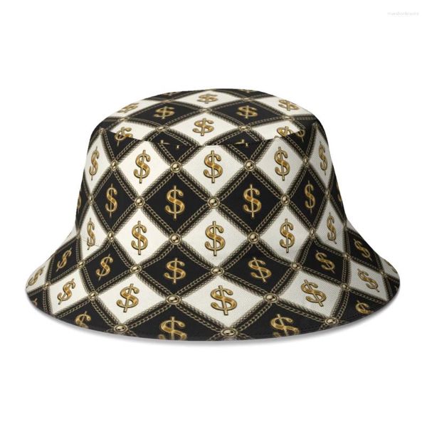 Bergen gestaffeltes Luxus glänzender Gold -Dollar -Ketten Perlen Eimer Hut für Männer Männer Studenten falten Bob Fisherman Hats Panama Cap