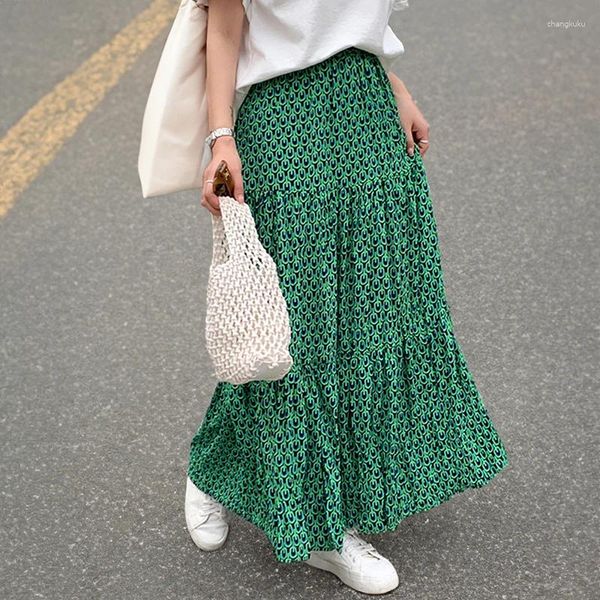 Saias Imprimir Maxi Salia feminina Chave verde feminina Elastic da cintura escapada Longa primavera no verão Boho férias na praia