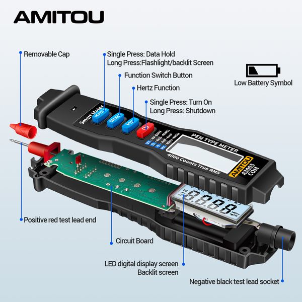 Amitou Professional Digital Multimeter Pen AC/DC Voltmeter Ammeter Electric Tester NCV HZ Diode Continuity Live Meter