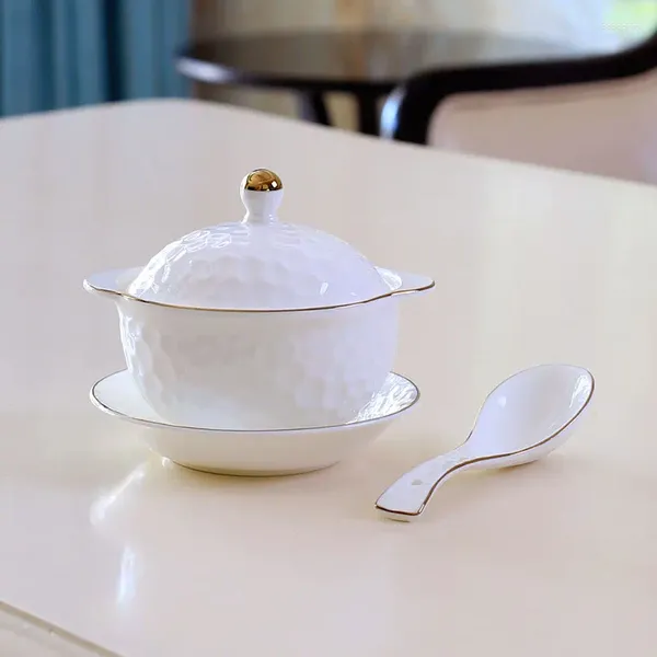 Schalen Keramik getrenntes Wasser Eintopf Tasse Vogel Nest Kleine Deckschüssel Knochen China Mini -Topf mit zwei Ohrhörer Löffel Dessert