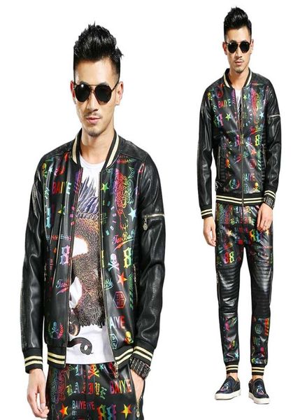 Fashion 2 Piece Set Hip Hop Trade Couct Mens Casual Baseball Jacket с брюками брюки бомбардировщики Pu Кожаные брюки Street9707655