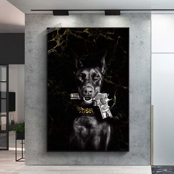 Cachorro com pisteiros de armas de ouro impressões de luxuros cães telas pintando o doberman wall arte imagens mural para sala de estar decoração de casa